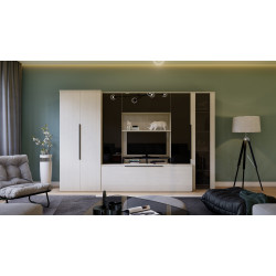 Mobila Living Venus 3.1m Stejar Alb Cu Mdf Negru Lucios