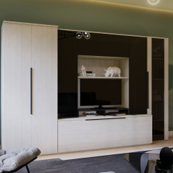 Mobila Living Venus 3.1m Stejar Alb Cu Mdf Negru Lucios