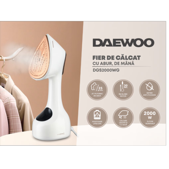 Aparat De Calcat Vertical Cu Abur Si Uscat Daewoo Dgs2000wg 2000w Panou De Control Cu Led Rezervor Apa 300 Ml Debit Abur 25g/min Culoare Alb