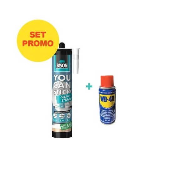 Set Promo Bison You Can Stick Adeziv Ms Polimer Pt Oglinzi Si Metal 435gr + Lubrifiant Wd-40 50ml