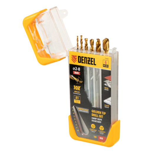 Set Burghii Pentru Metal 2-3-4-5-6-8 Mm Hss - Tin Golden Tip 6 Buc Denzel