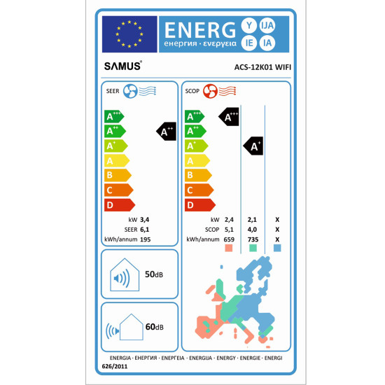 Aparat Aer Conditionat Samus Acs-12k01 Wifi 12000 Btu Clasa A +++ Fara Kit De Instalare