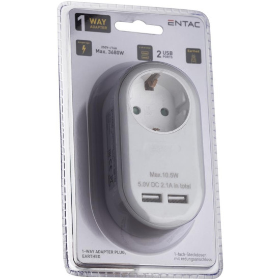 Adaptor Priza 1x Cu Impamantare 2x Usb Entac Alb