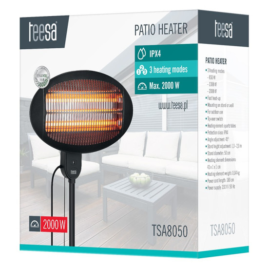 Incalzitor De Terasa Electric Teesa Infrarosu Quartz Ipx4 Max 2000w Tsa8050