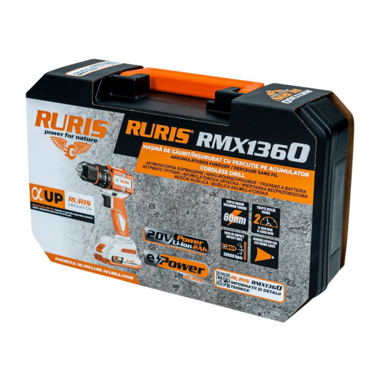 Masina De Gaurit/insurubat Cu Percutie Pe Acumulator Ruris 2 Viteze Cu Lumina Led Rmx1360