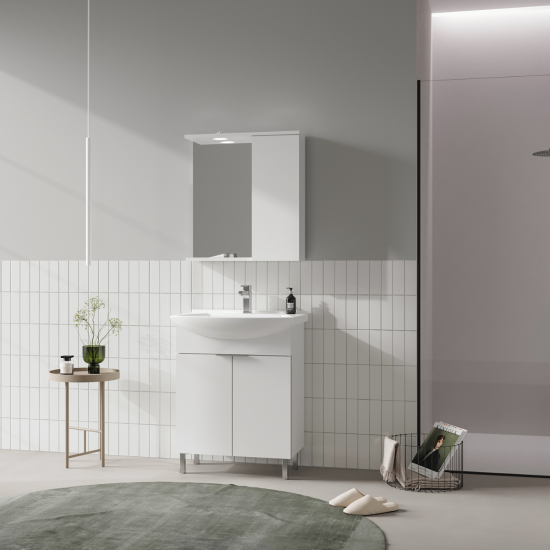 Set Mobilier Baie Mdf Cu Usi Orka Purus 65 Cm Alb + Lavoar Si Oglinda