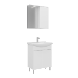 Set Mobilier Baie Mdf Cu Usi Orka Purus 65 Cm Alb + Lavoar Si Oglinda