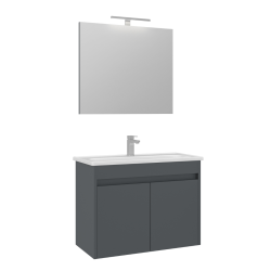 Set Mobilier Baie Mdf Cu Usi Orka Purus 80 Cm Antracit + Lavoar Si Oglinda
