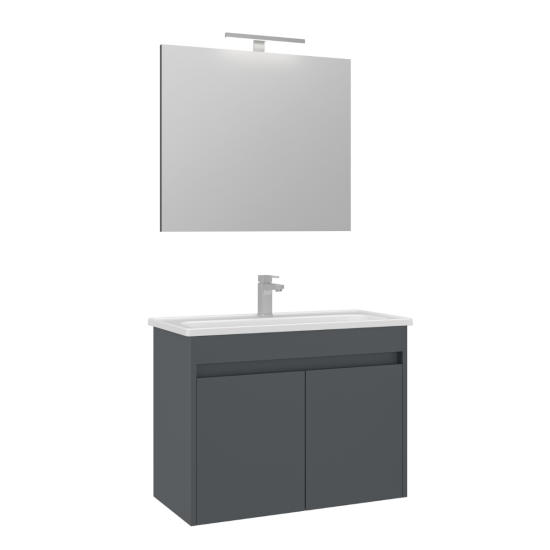 Set Mobilier Baie Mdf Cu Usi Orka Purus 80 Cm Antracit + Lavoar Si Oglinda