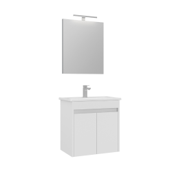 Set Mobilier Baie Mdf Cu Usi Suspendat Orka Lova 60 Cm Alb + Lavoar Si Oglinda