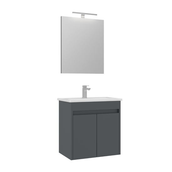 Set Mobilier Baie Mdf Cu Usi Suspendat Orka Lova 60 Cm Antracit + Lavoar Si Oglinda