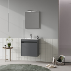 Set Mobilier Baie Mdf Cu Usi Suspendat Orka Lova 60 Cm Antracit + Lavoar Si Oglinda