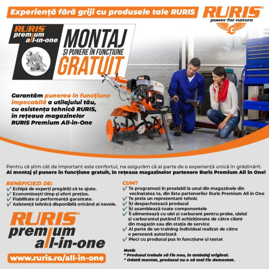 Motosapatoare Ruris 915acc + Roti Cauciuc 5.00-12+rarita+plug Reversibil Rev2+roti Metalice 500+set Contragreutati 20kg 15cp